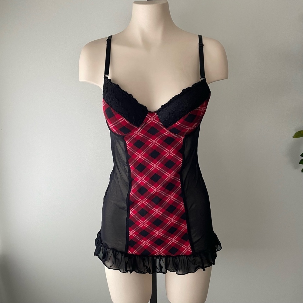 Hustler Lingerie Plaid Tartan Check Mesh Convertible Babydoll Red Black